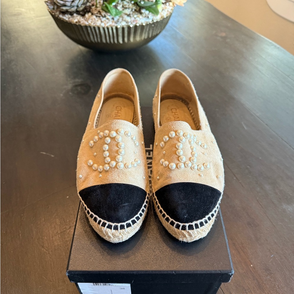 Chanel Beige and Black Espadrilles w/ Pearl Accents